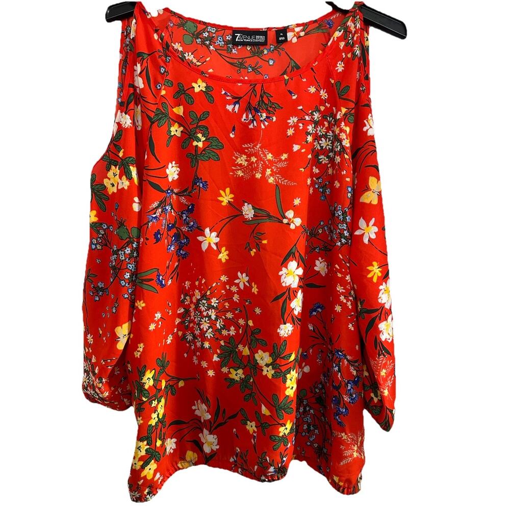 7th Avenue Design Studio New York & Company Red Floral Cold Shoulder Top Size XL